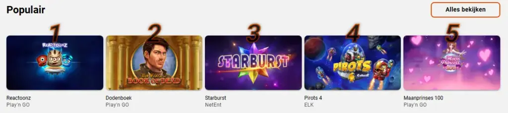 Bibliotheek met tafelspellen, slots en live casino